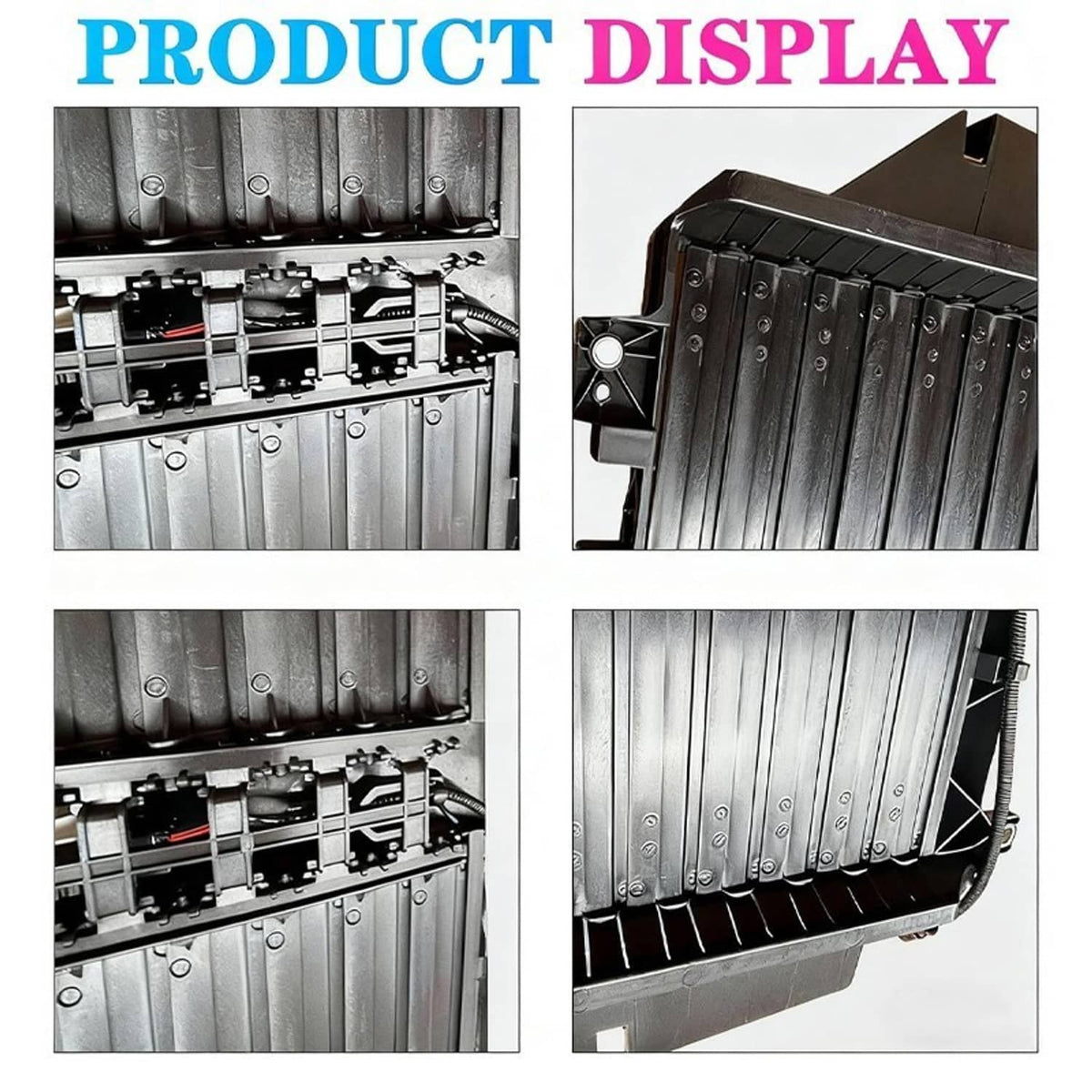 Grille shutter actuator and ribbed louver slats shown in close-up sections