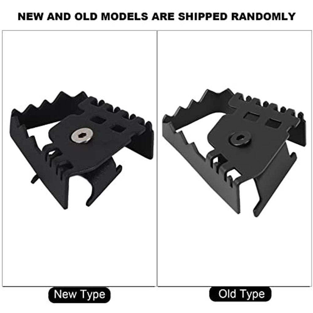 Two rear brake extension pedal bracket styles in matte black, each with bolt hole