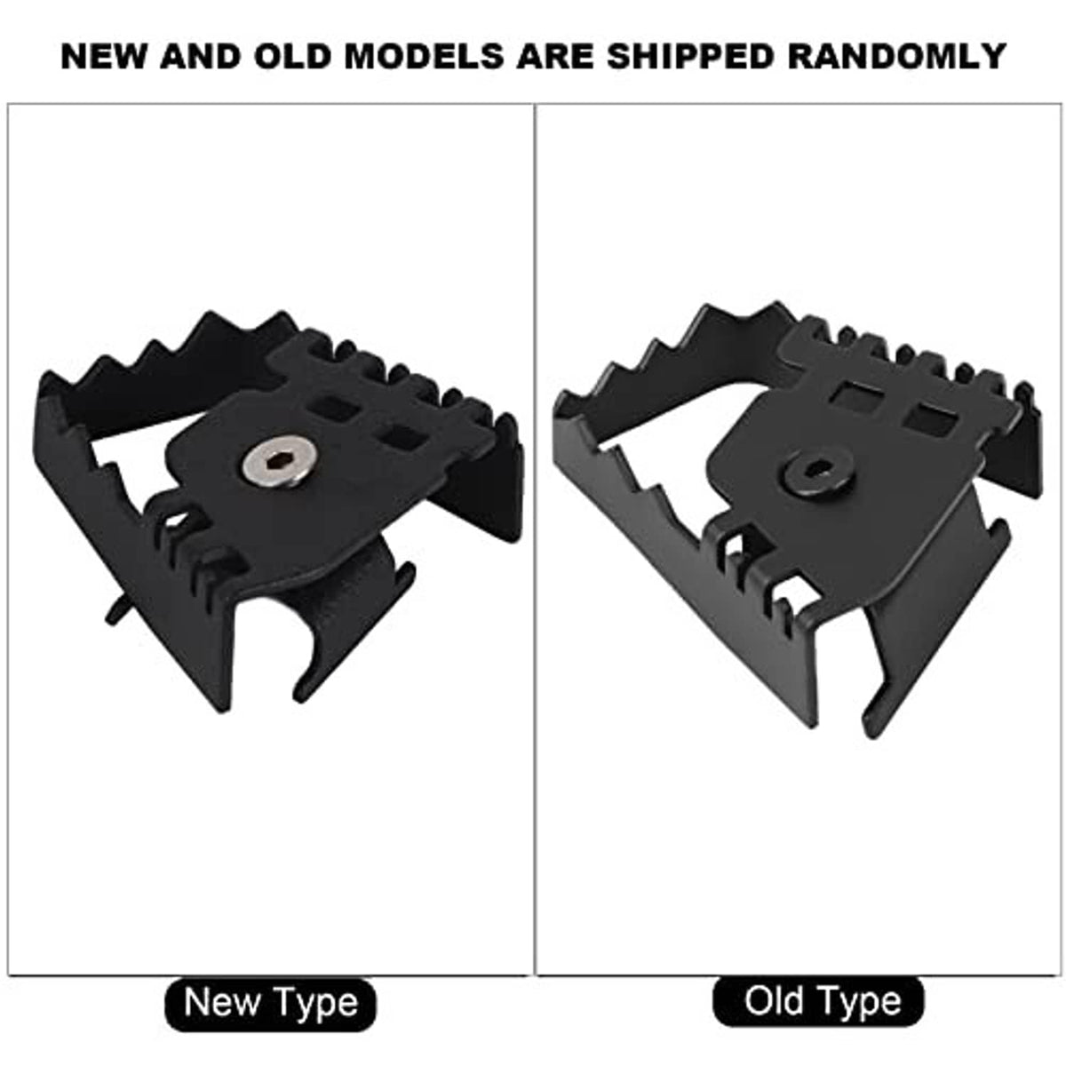 Two rear brake extension pedal bracket styles in matte black, each with bolt hole