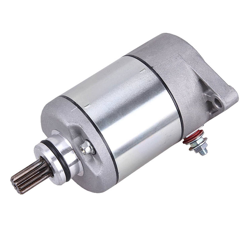 Starter motor assembly with splined output shaft, silver housing and side electrical terminal