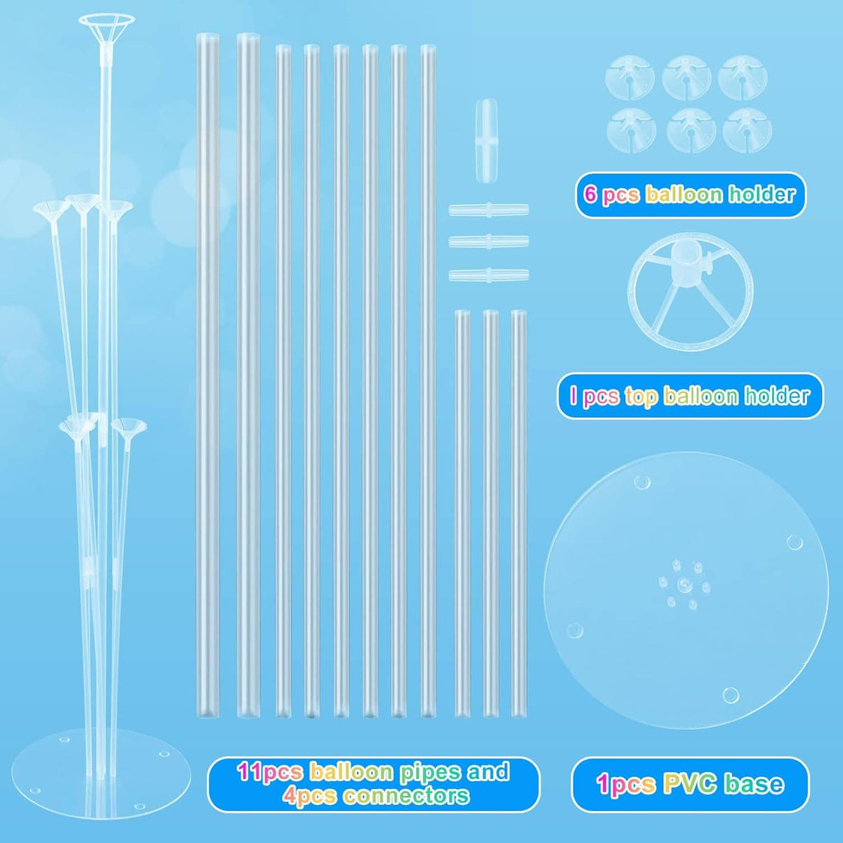 Clear balloon arch stand poles with top holder and round base plus tube connectors