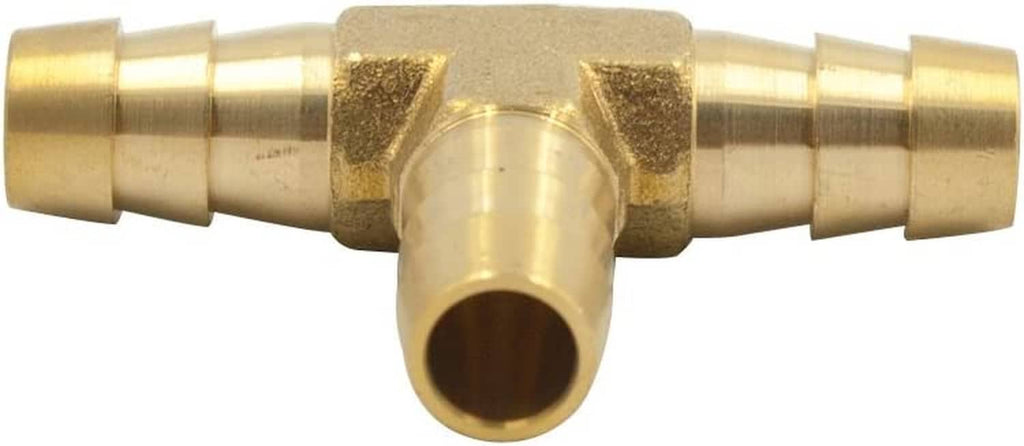 Brass three-way hose tee fitting close-up with barbed hose ports