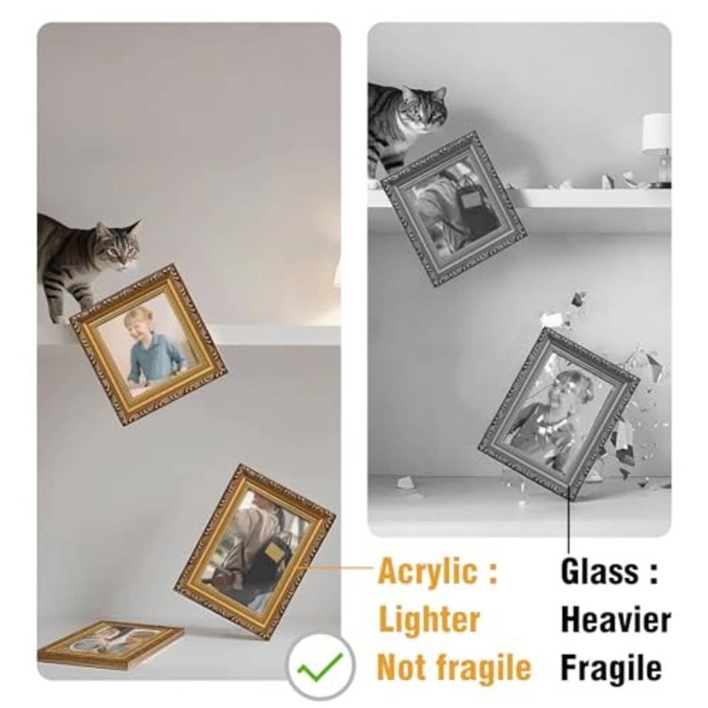 Gold frame with acrylic front vs glass comparison, showing lighter acrylic and heavier glass