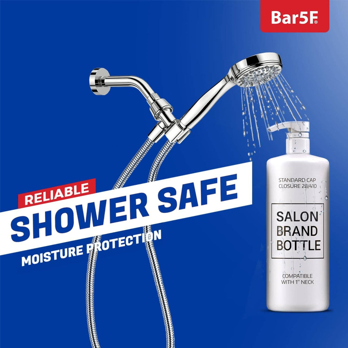 White salon-brand bottle with black pump cap for shower use