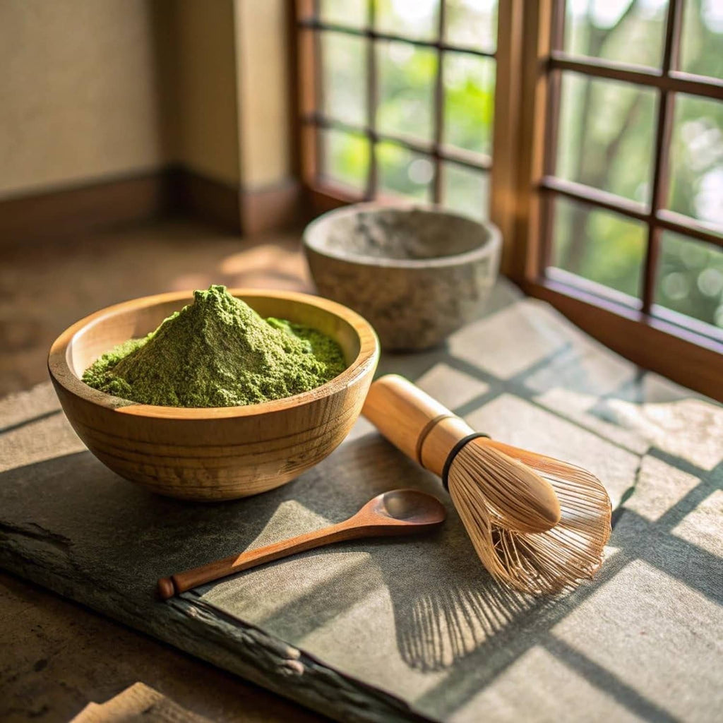 Matcha green tea powder in wooden bowl with bamboo whisk and scoop