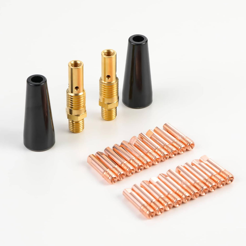 24-piece MIG contact tip kit with black nozzles, brass diffusers, and copper tips