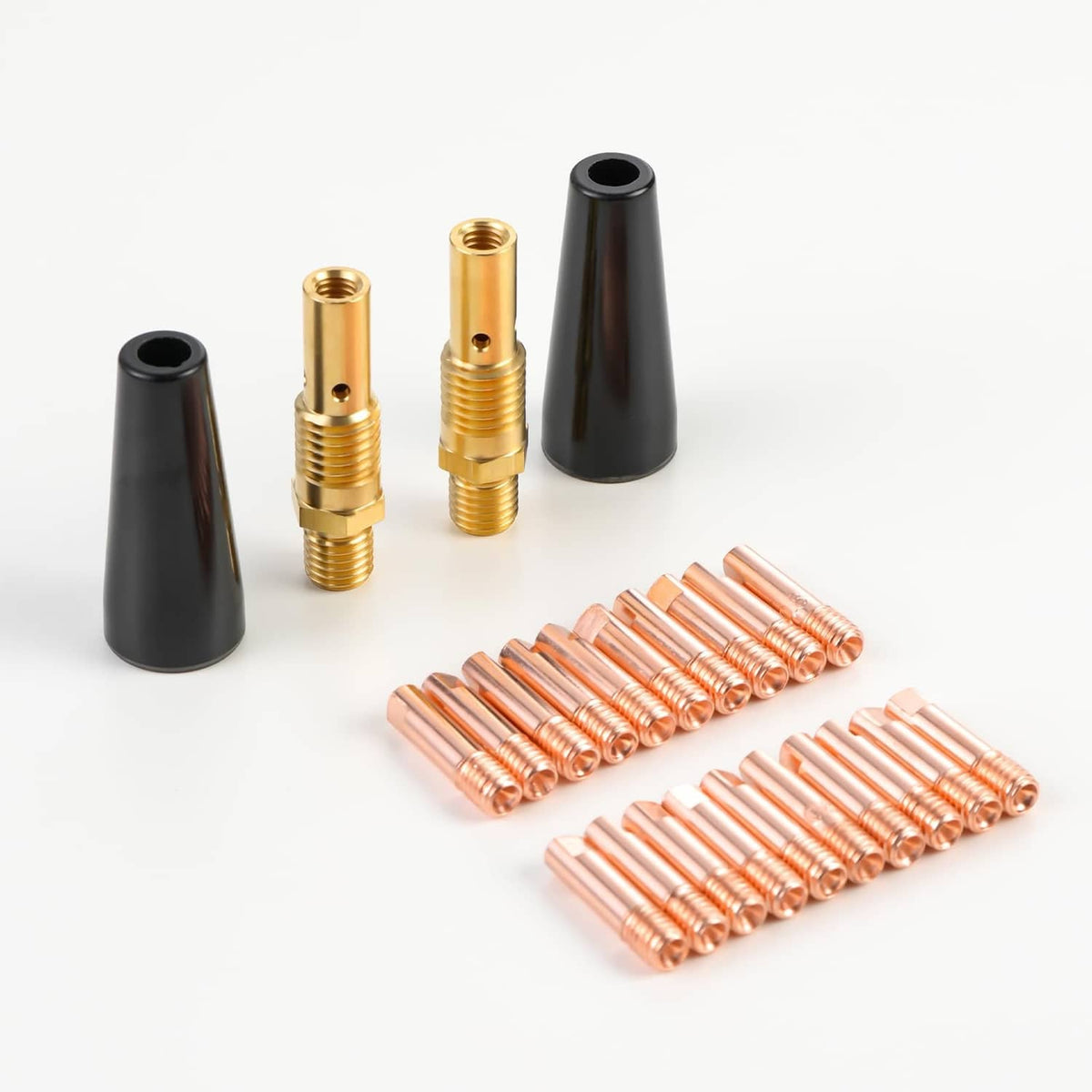 24-piece MIG contact tip kit with black nozzles, brass diffusers, and copper tips