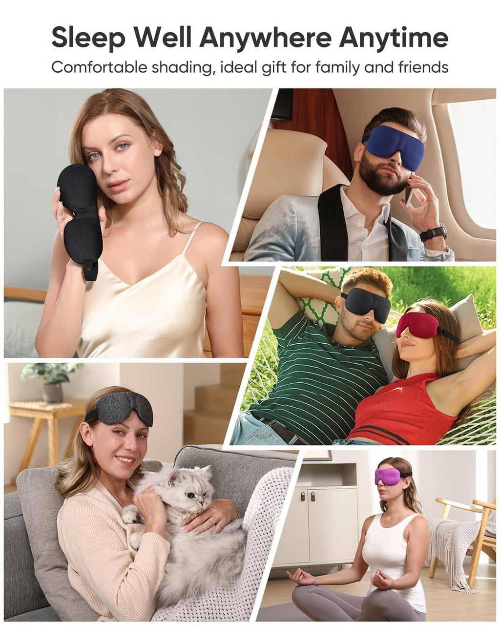 Sleep mask set shown in multiple colors including black and blue