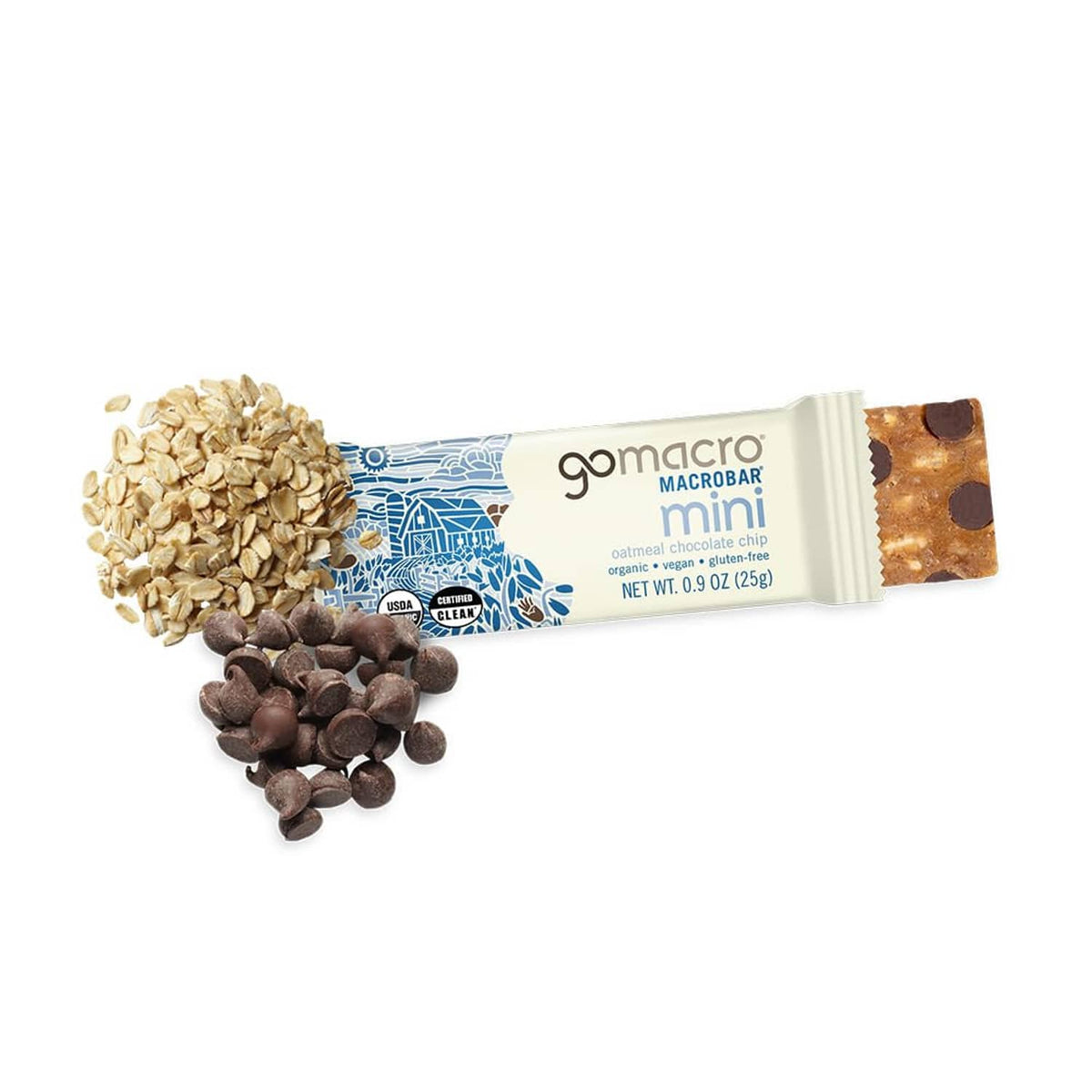 Macrobar mini oatmeal chocolate chip snack bar wrapper with chocolate chips and oats