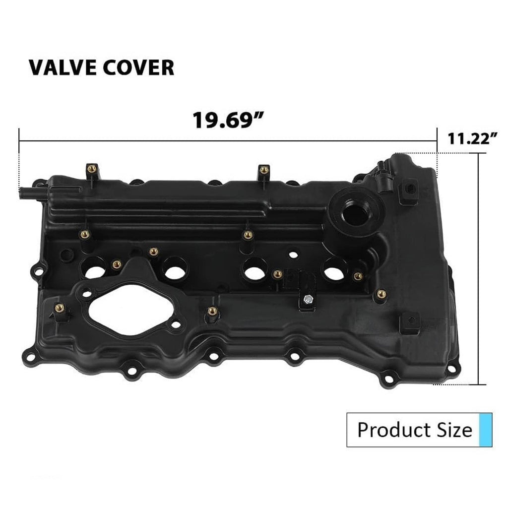 Black engine valve cover, rectangular housing with circular oil port and mounting points