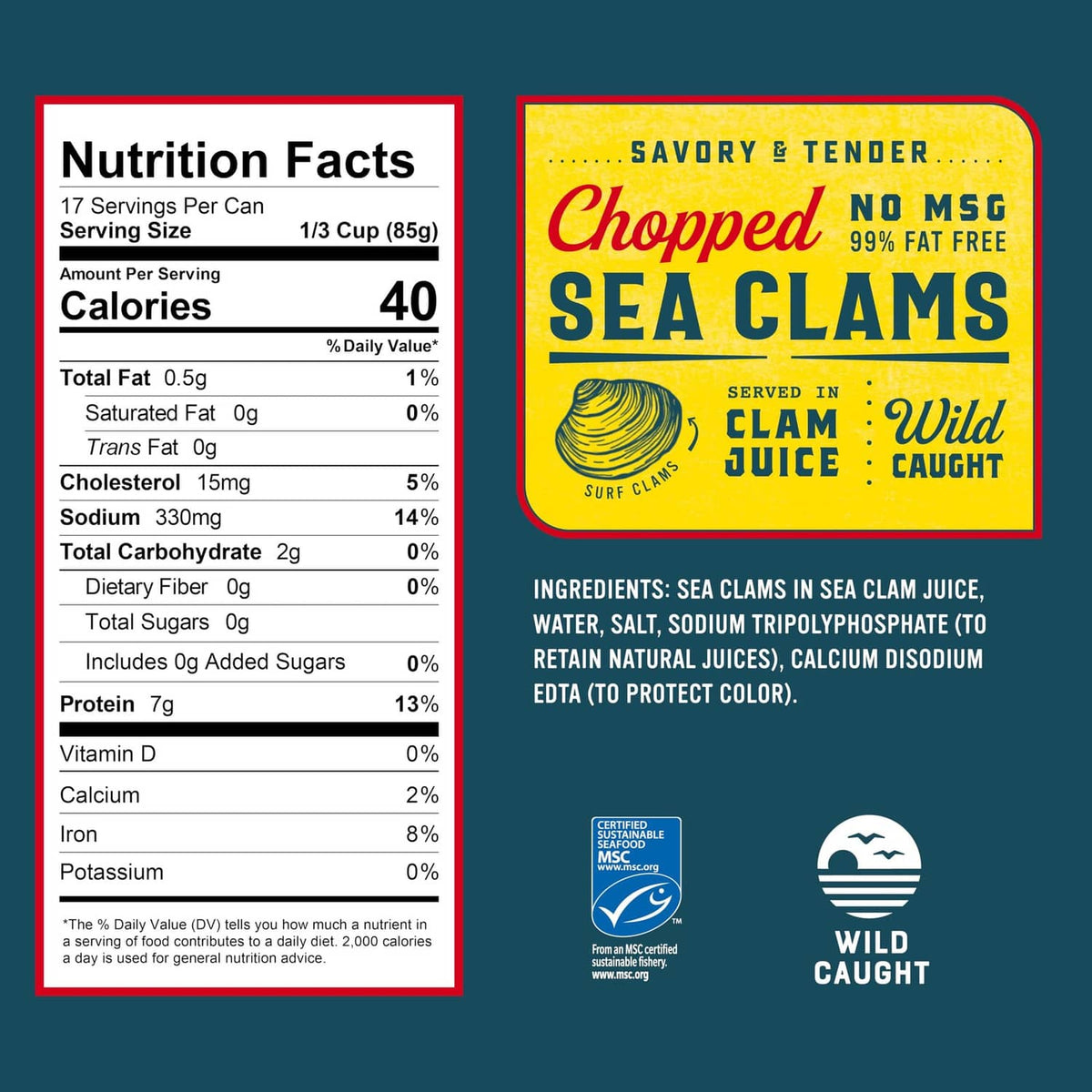 Snow's chopped sea clams can nutrition facts and ingredients label panel