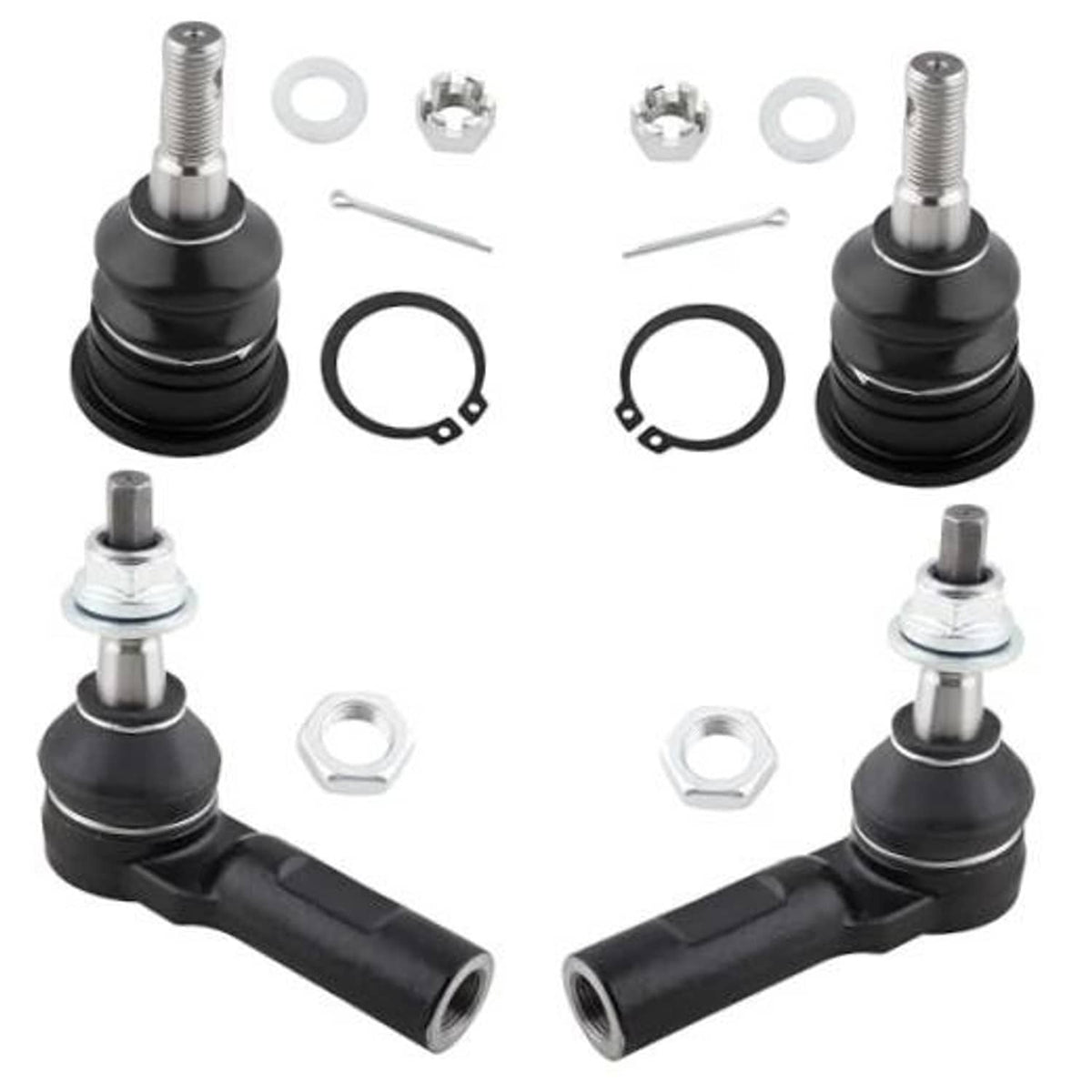 Front ball joint and tie rod end kit, black rubber boots with chrome studs and caps