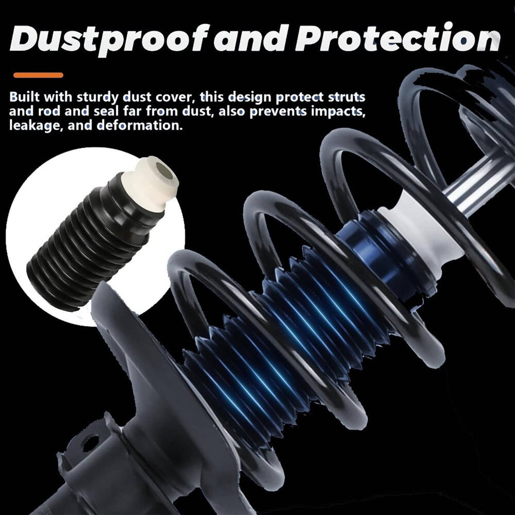 Dustproof shock strut assemblies with black coil springs and protective dust boots.