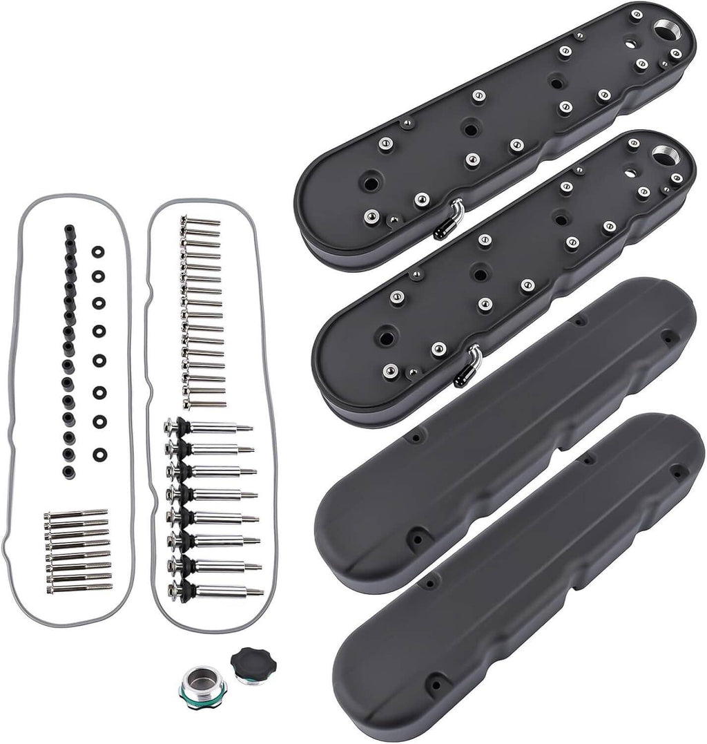 Pair of black coil-mount valve covers with bolt holes and attached mounting rails