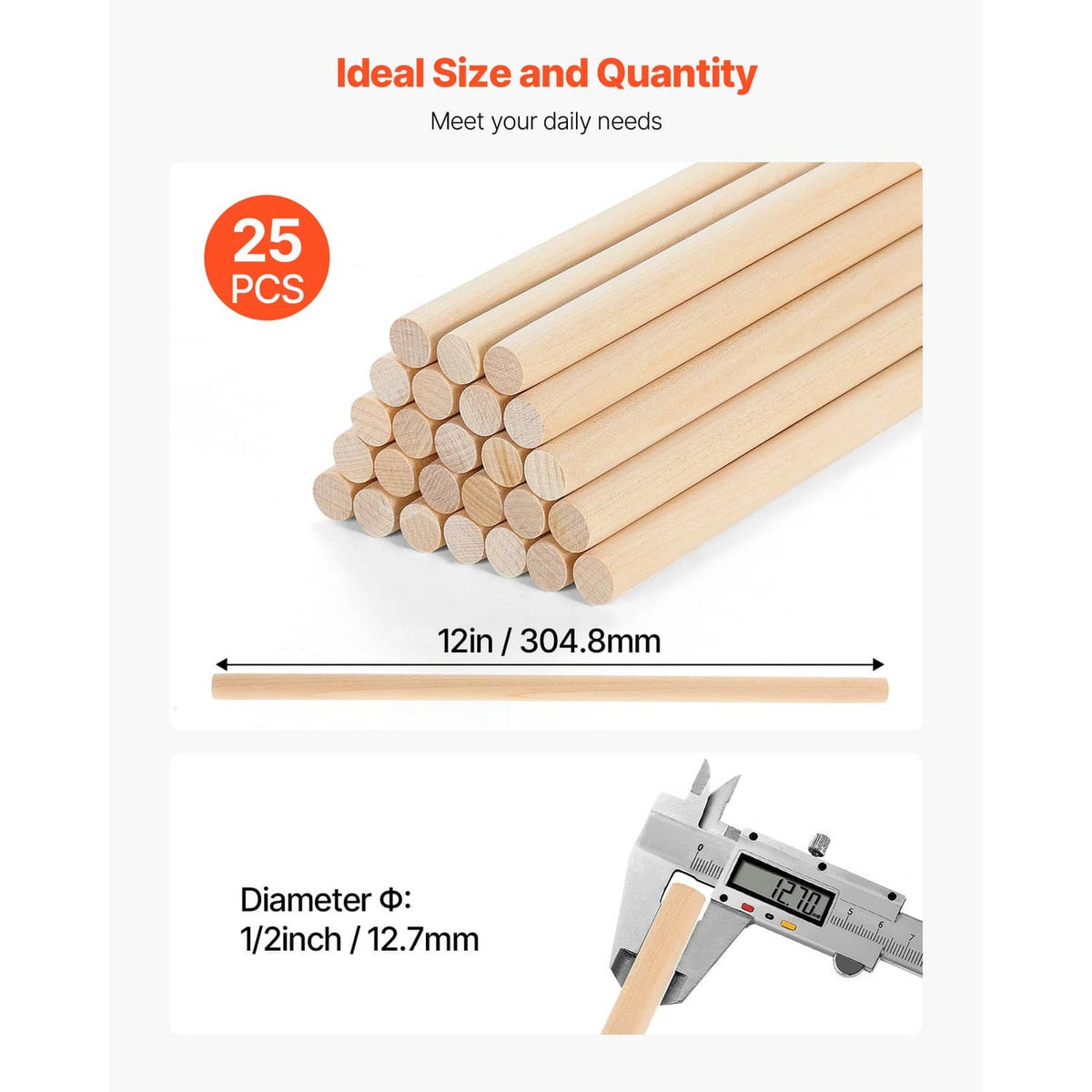 Pack of natural wood dowel rods showing 12-inch length and 1/2-inch diameter