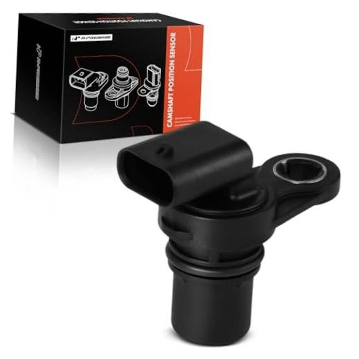 Black camshaft position sensor with mounting bracket and circular electrical opening