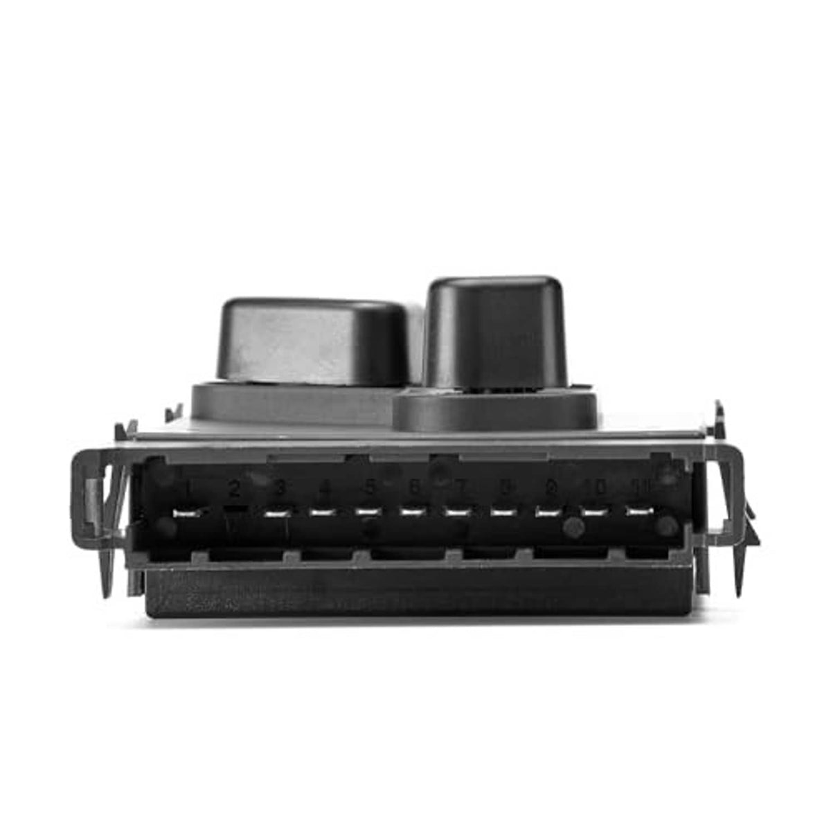 Power seat switch control module underside with connector pins and numeric markings