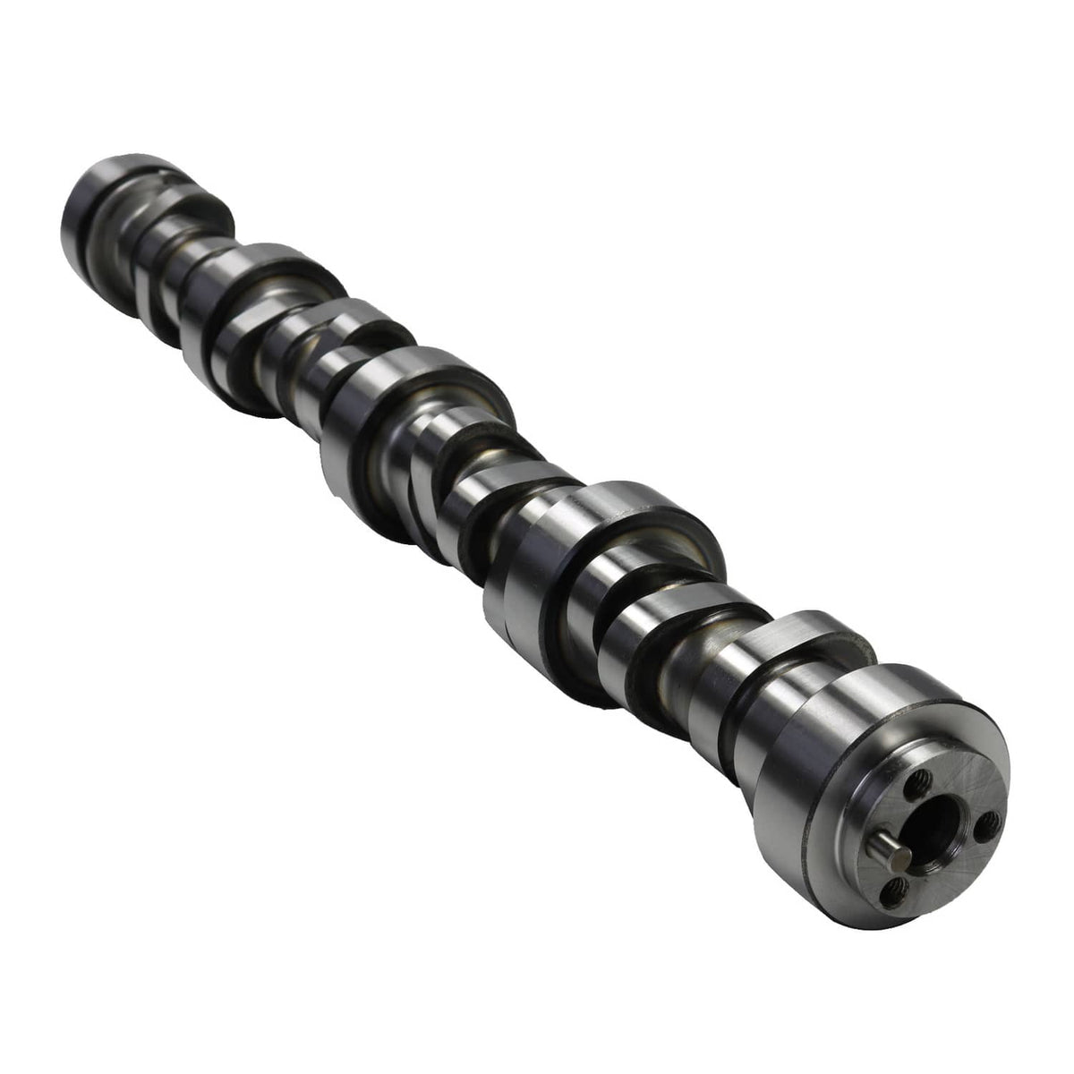 Camshaft with dark and silver lobes, rounded nose end with mounting holes