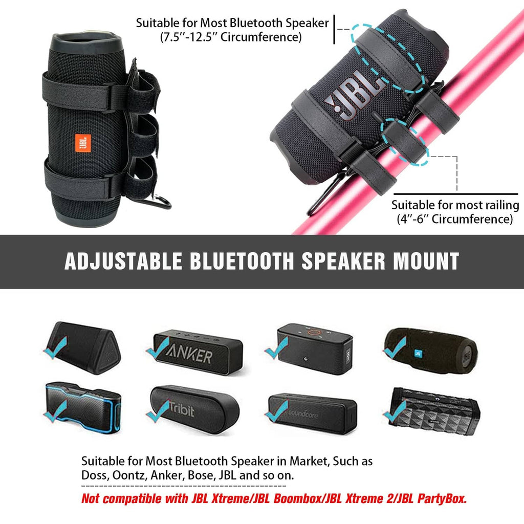 Black adjustable Bluetooth speaker mount with Velcro straps for small speakers