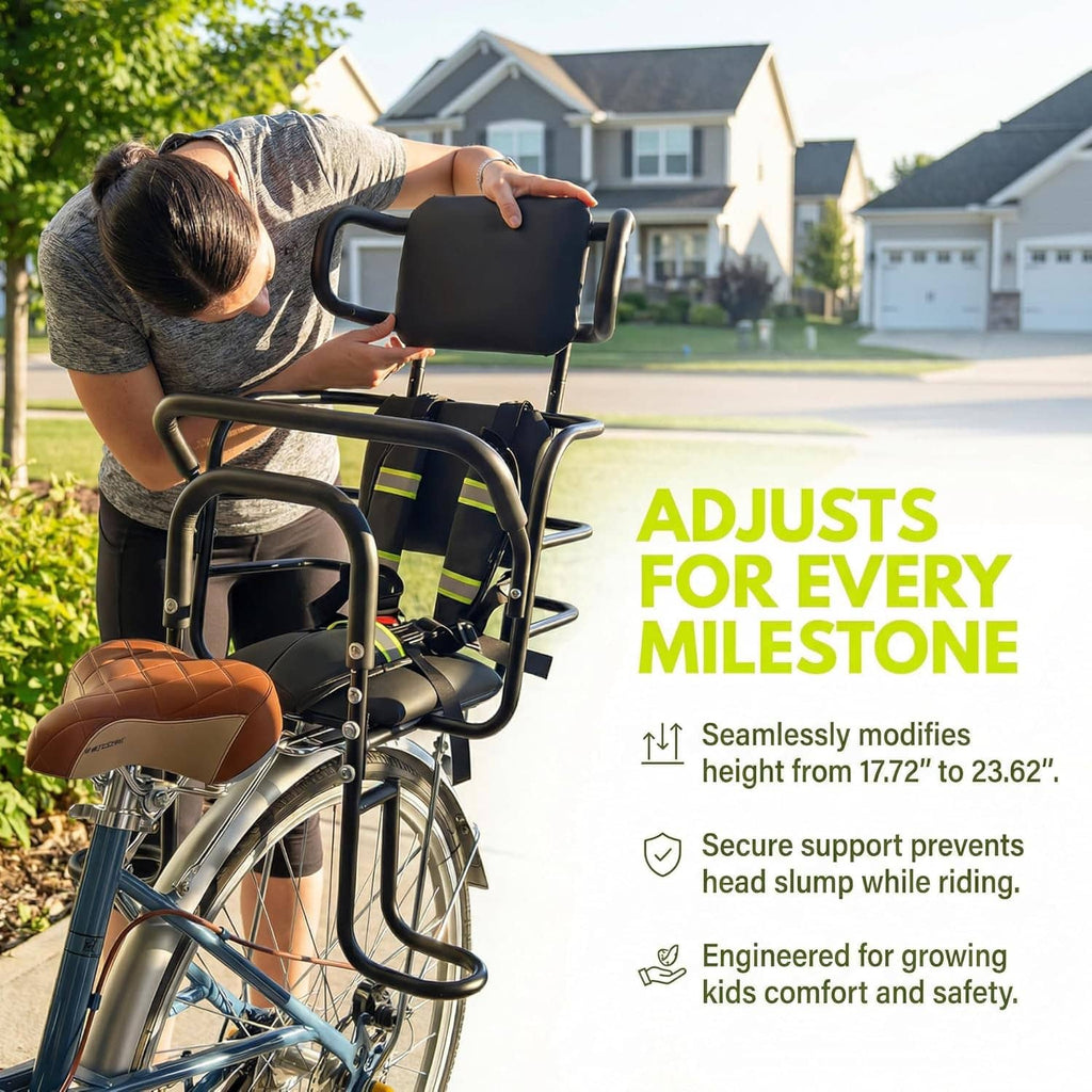 Rear child bike seat with adjustable headrest, padded seat belt and protective frame
