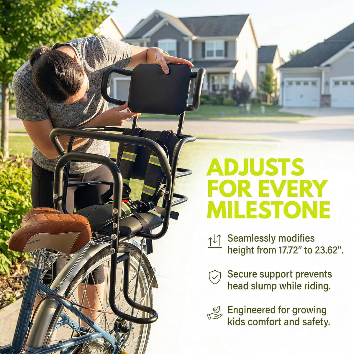 Rear child bike seat with adjustable headrest, padded seat belt and protective frame