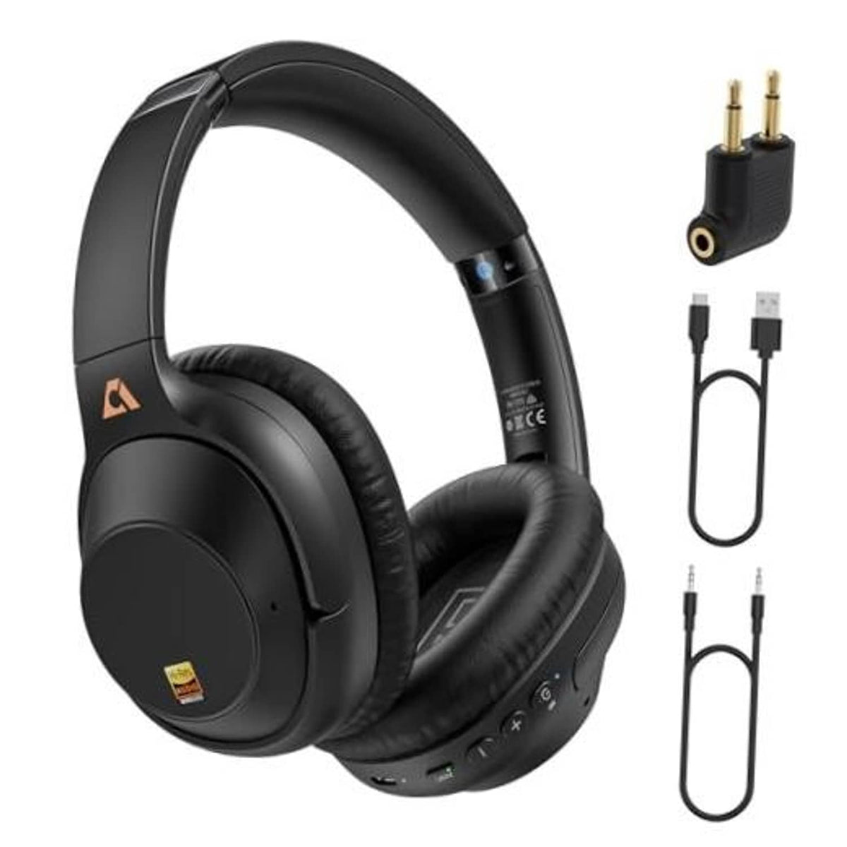 Black over-ear active noise cancelling headphones with attached audio cable set