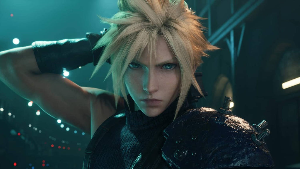 Spiky blonde-haired character in dark combat outfit, close-up portrait