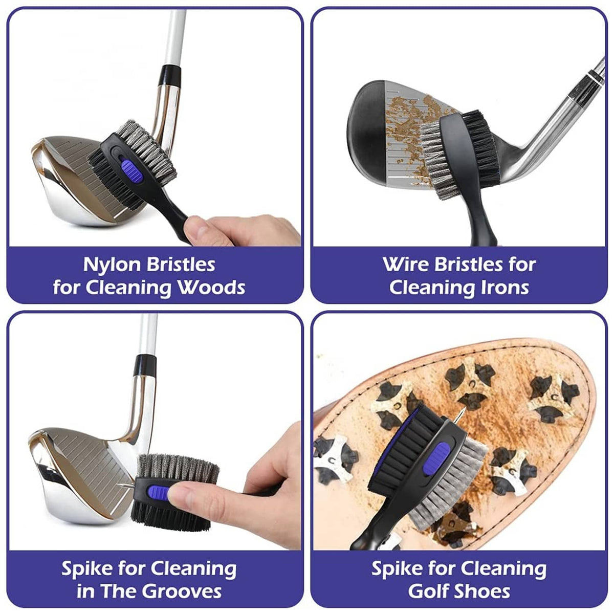 Golf club brush with bristles and spiked groove-cleaner attachment, black and blue