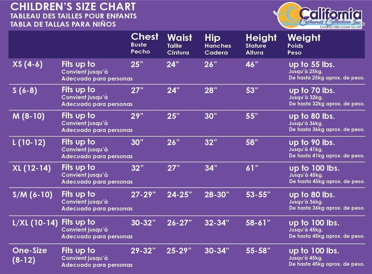 Children's size chart with chest, waist, hip, height, and weight by size