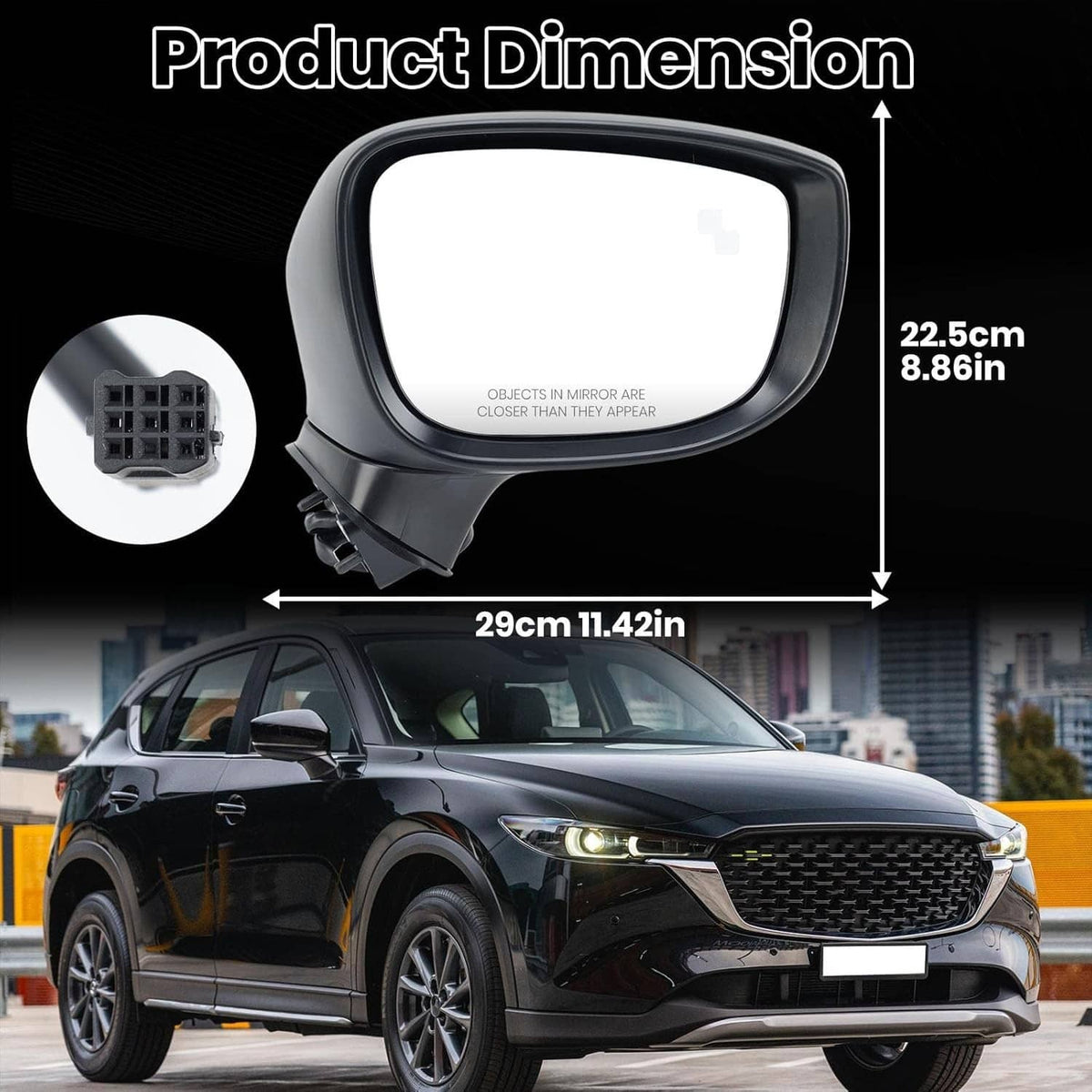 Black side mirror assembly with indicator lens and reference scale dimensions
