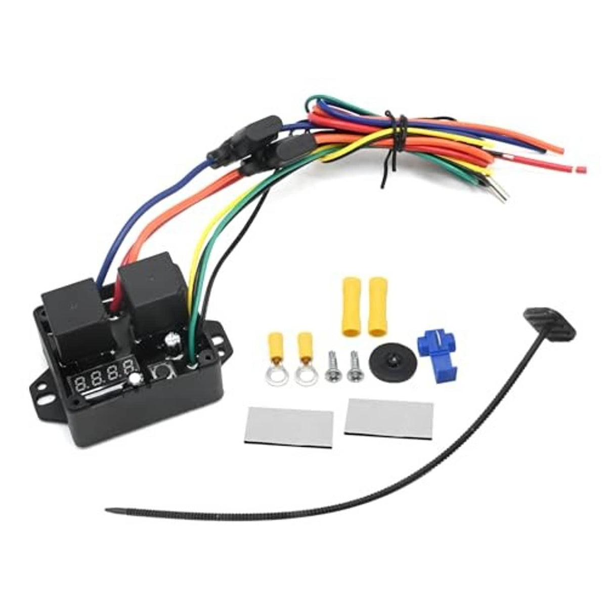 12V digital controller module with multi-color wire bundle, sensor lead, and mounting kit