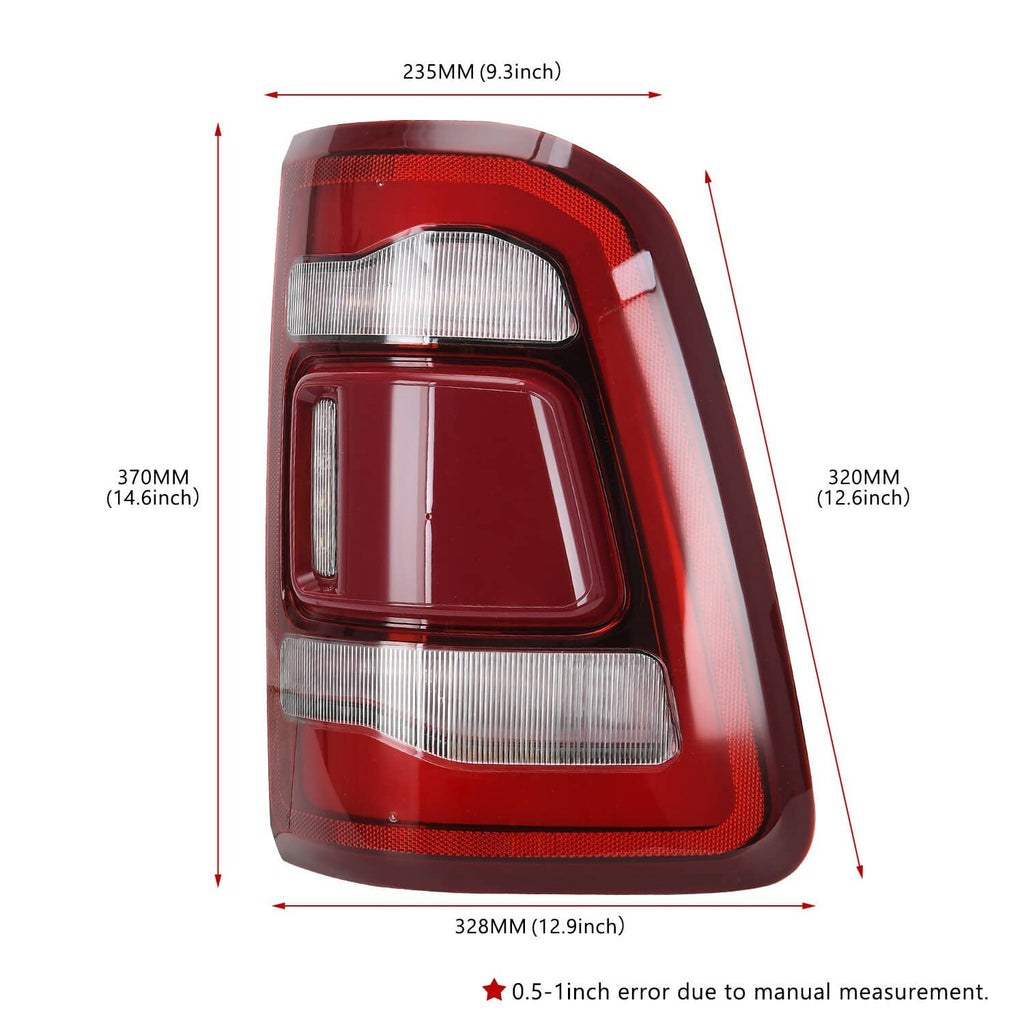 Red LED tail light with clear upper and lower lenses, shown with size measurements.