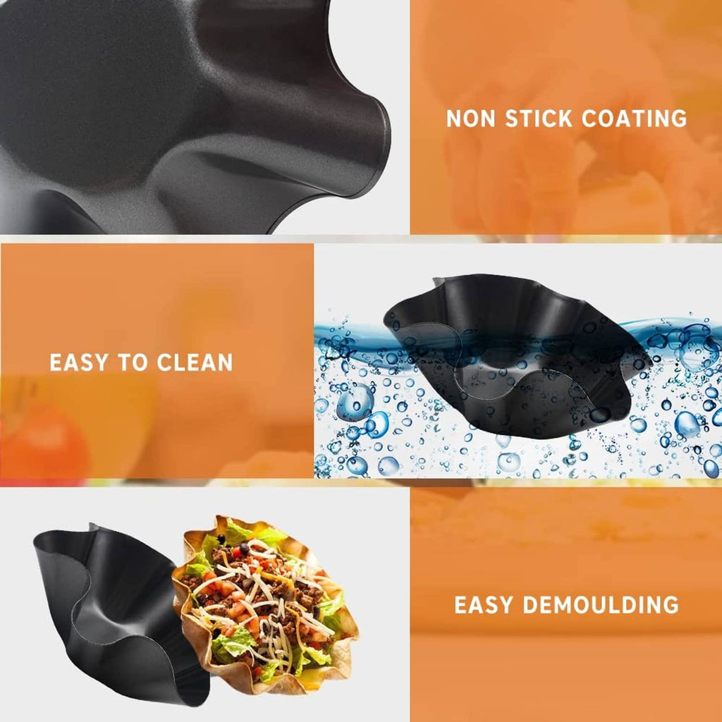 Black nonstick taco salad bowl molds with easy-clean and easy-demoulding features