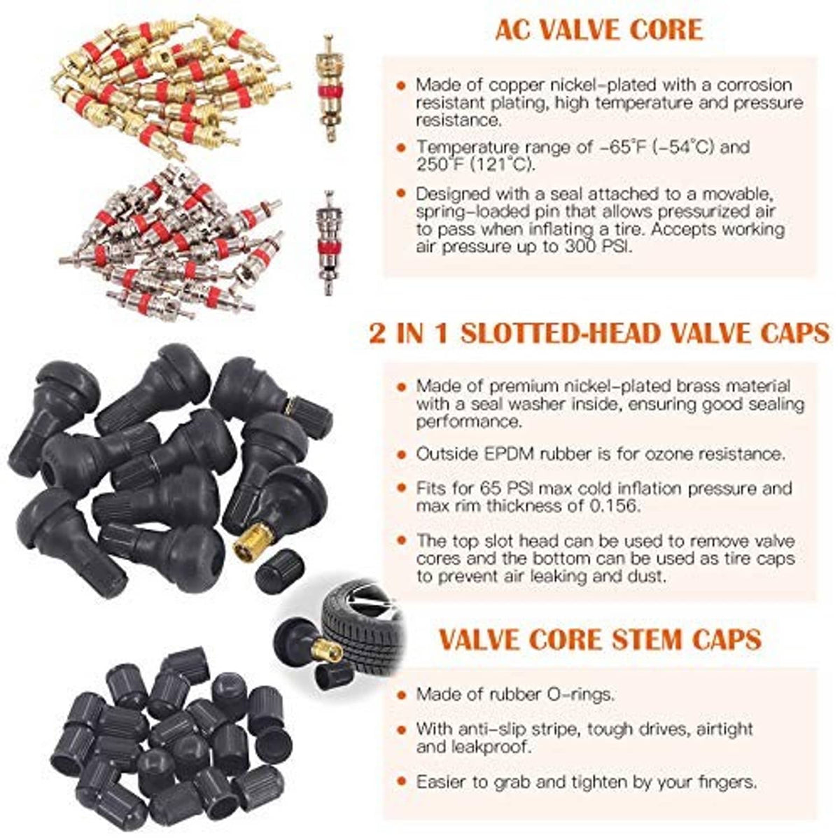 Assorted tire valve cores and black 2-in-1 slotted valve stem caps