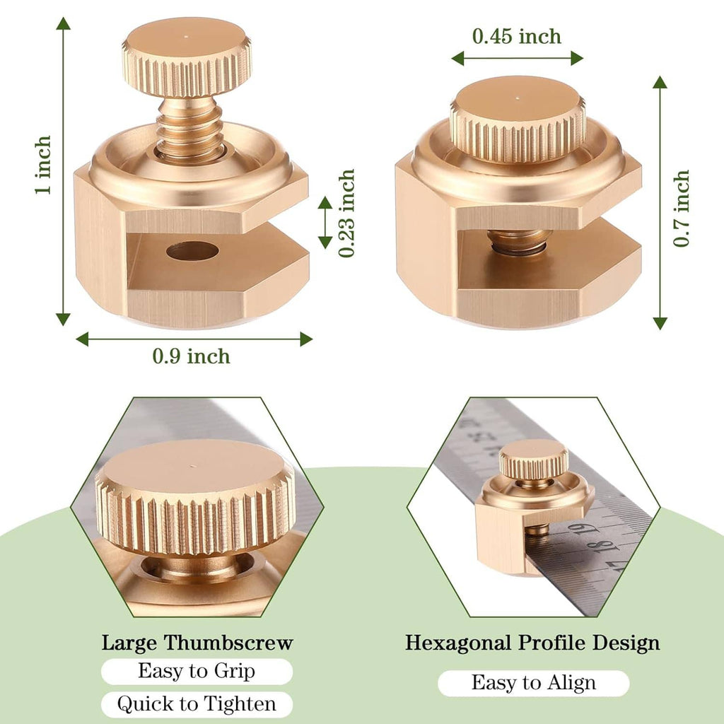 Gold stair gauge clamp dimensions view with knurled thumb screw and hexagonal housing