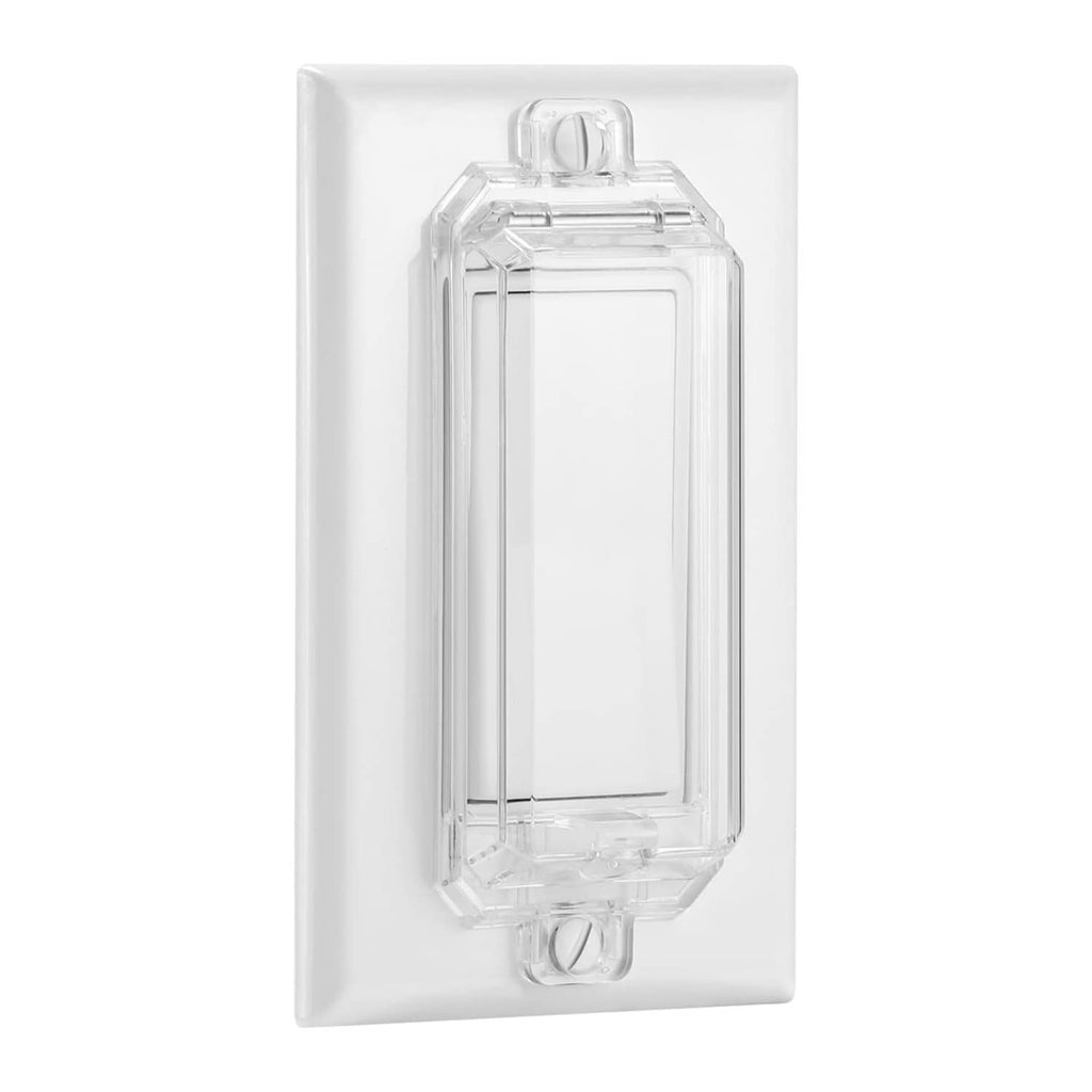 Clear childproof light switch guard on standard rocker wall plate, transparent cover.