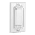 Clear childproof light switch guard on standard rocker wall plate, transparent cover.