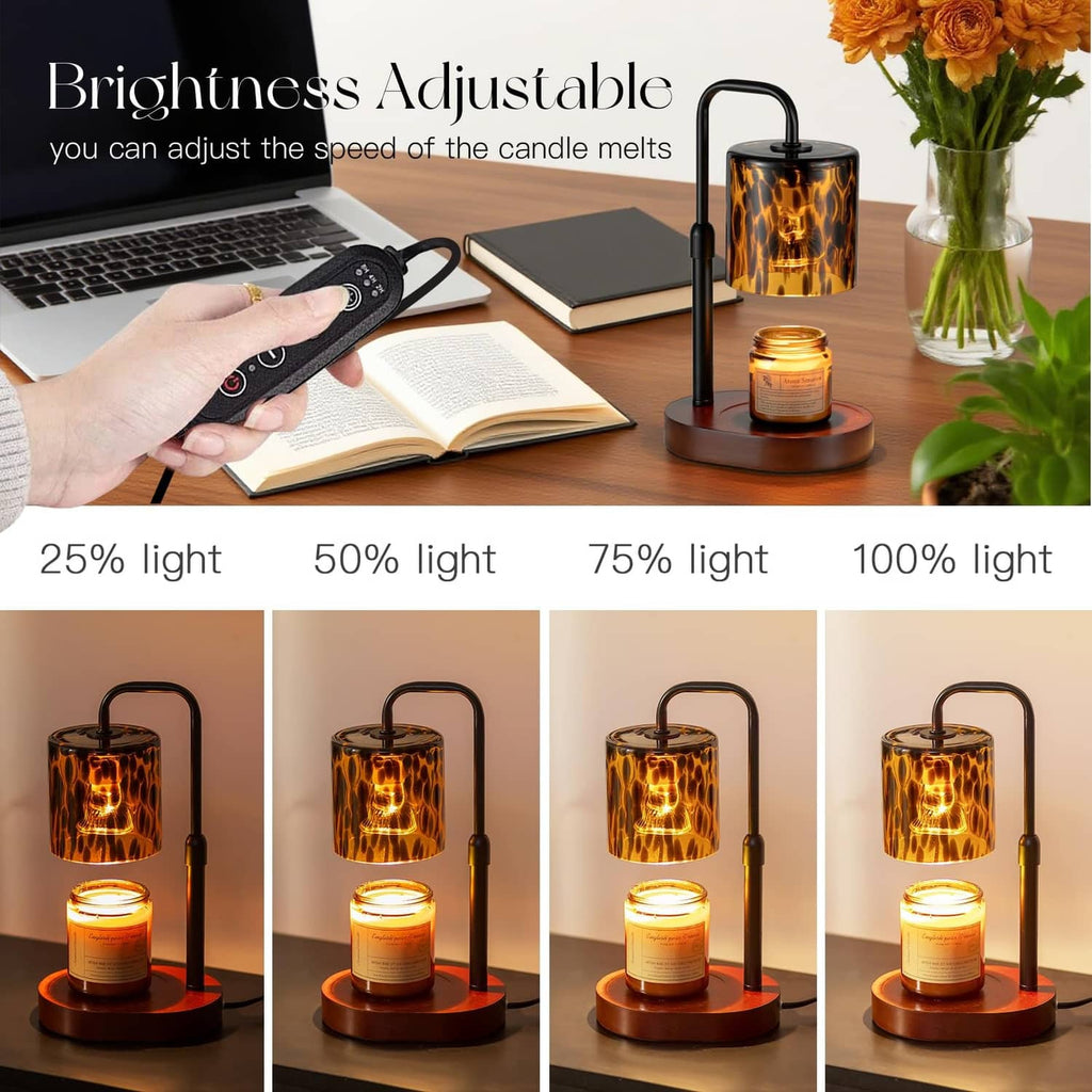 Candle warmer lamp with amber tortoise-shell glass shade and brightness control remote