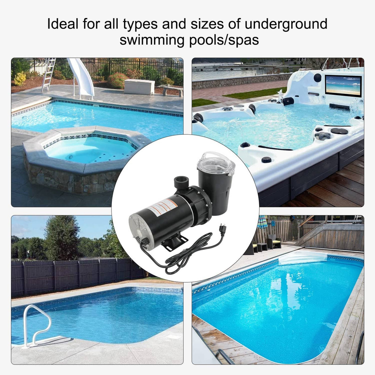 Black pool pump with transparent strainer lid and power cord, mounted bracket visible