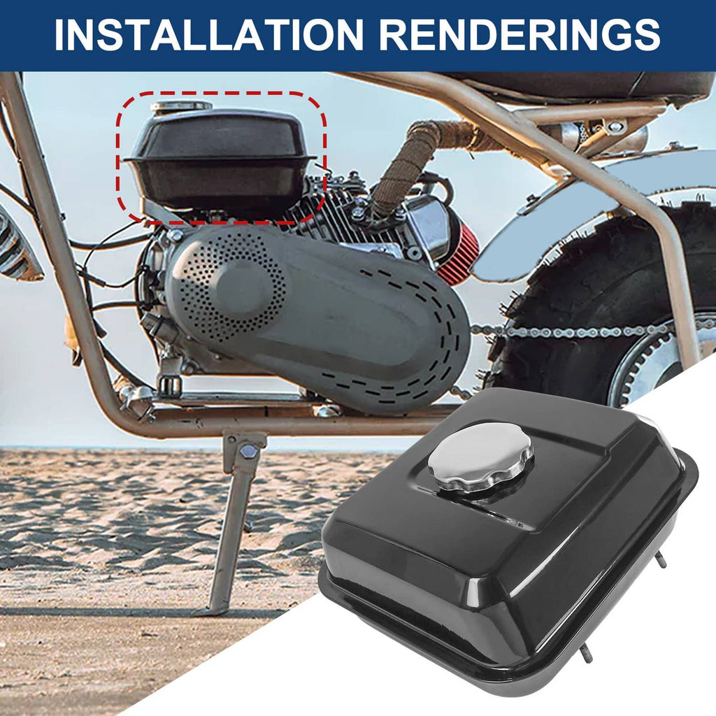 Black gas fuel tank with cap opening and mounting brackets for engine installation