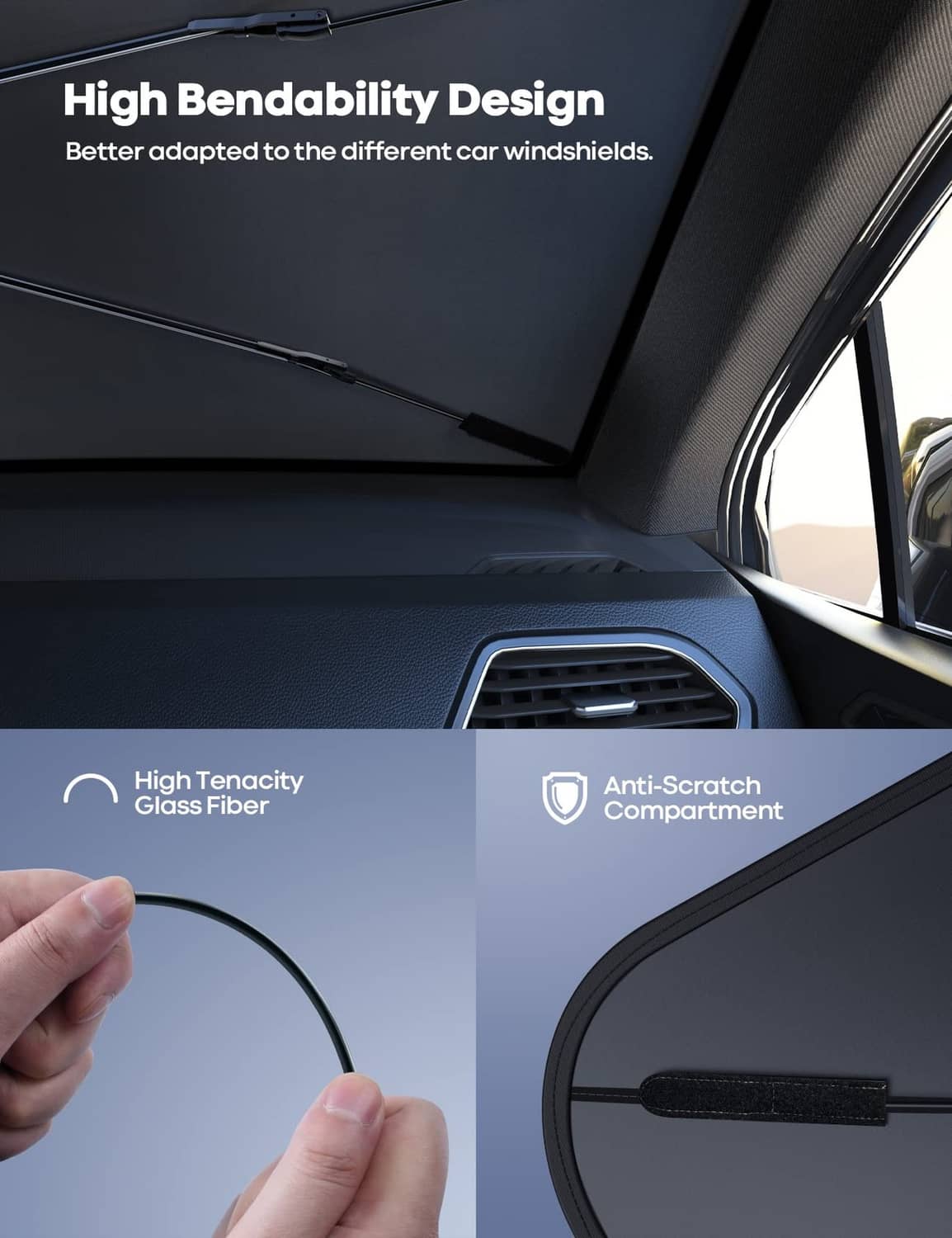 Car windshield sunshade umbrella with flexible bend at the canopy corners