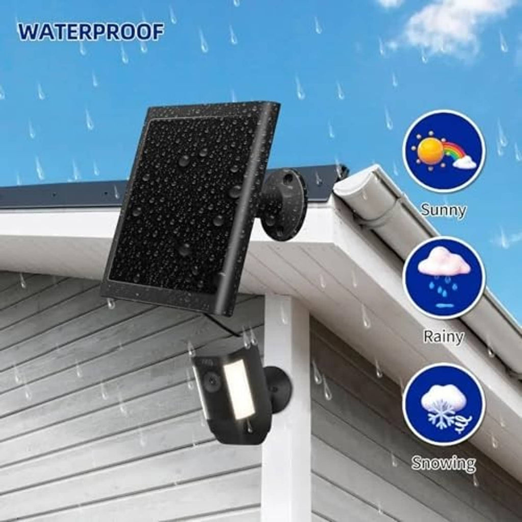 Weatherproof black solar panel with wall mount and attached camera housing