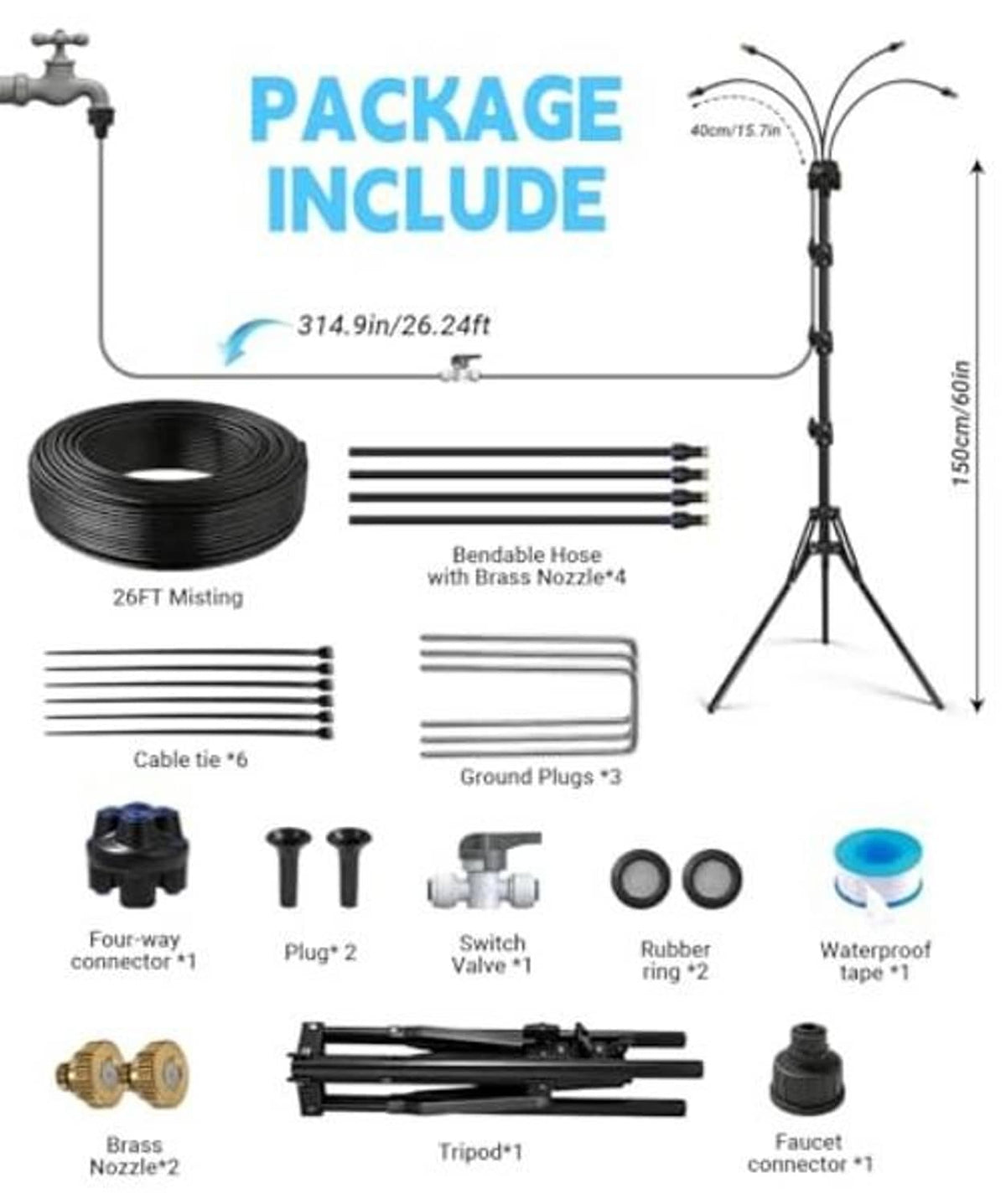 Outdoor patio mister kit parts with black tripod, tubing, brass nozzles, and plugs