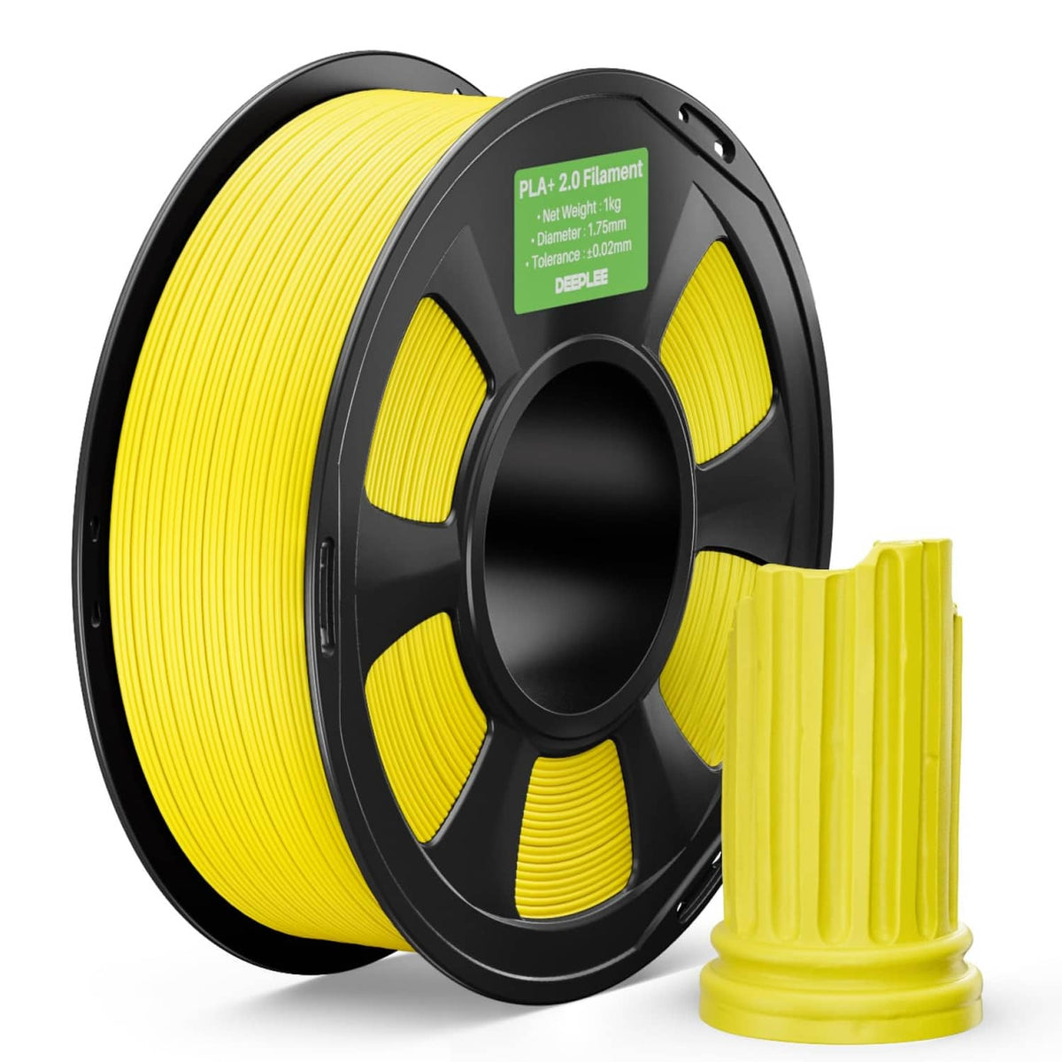 Yellow PLA+ 3D printer filament spool with loose filament strand and small coil