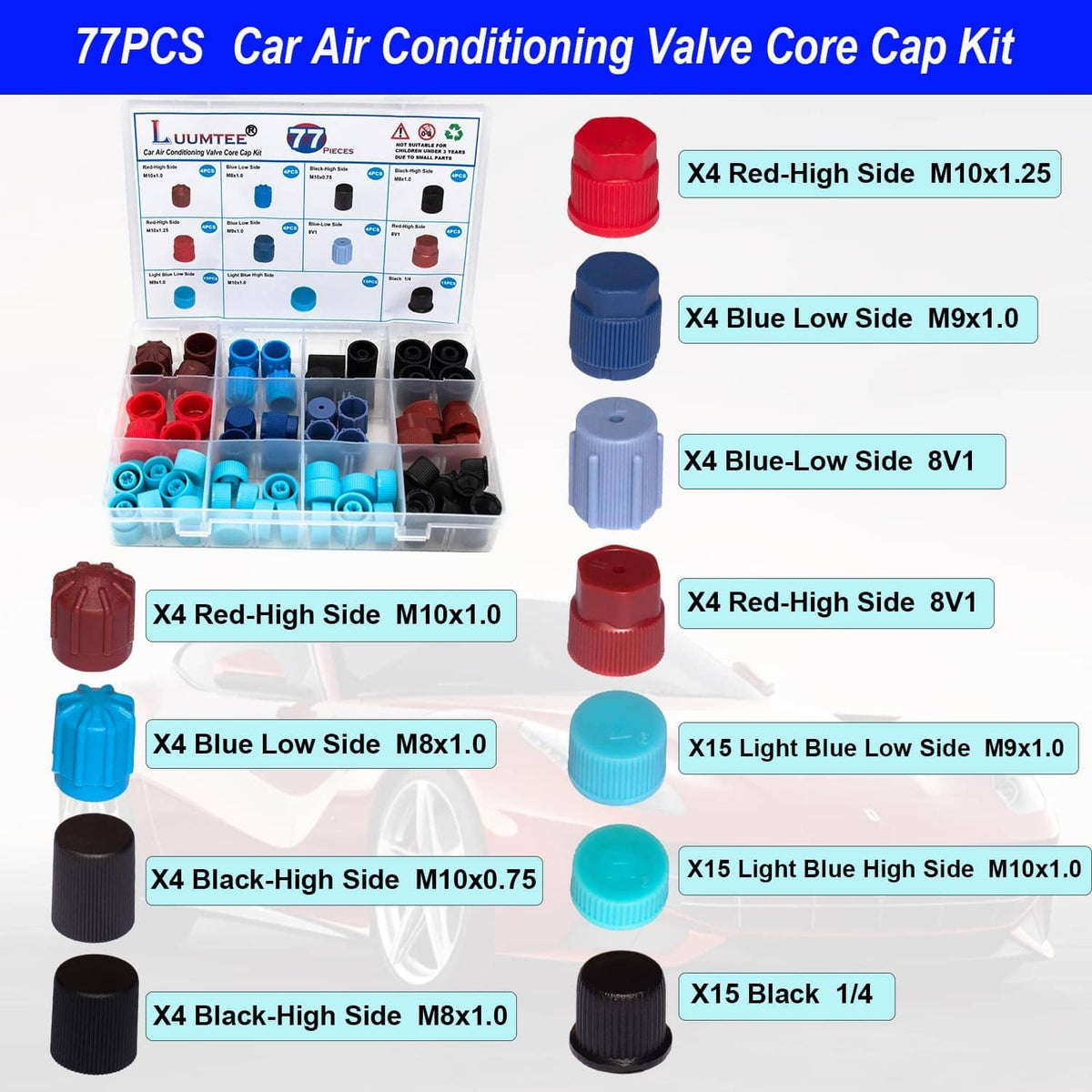 Car A/C valve core cap kit with red, blue, and black caps in labeled organizer tray