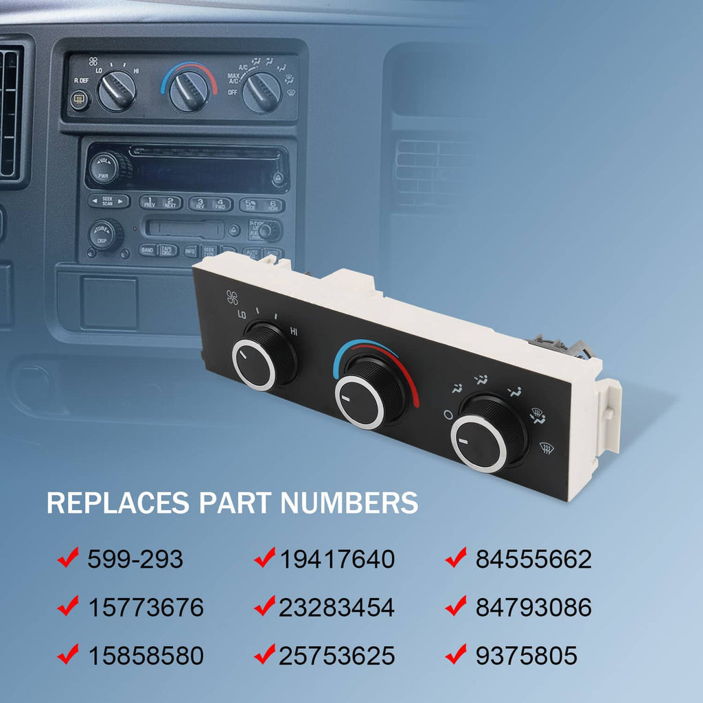 Black climate control panel with three rotary dials and blue/red temperature markings