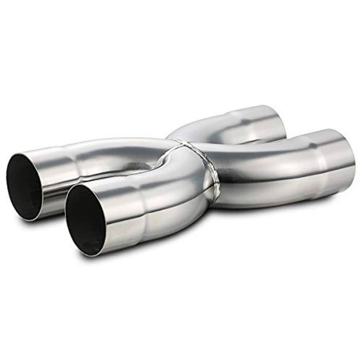 Stainless steel 2.5 in X crossover exhaust pipe, two round ends with black interiors