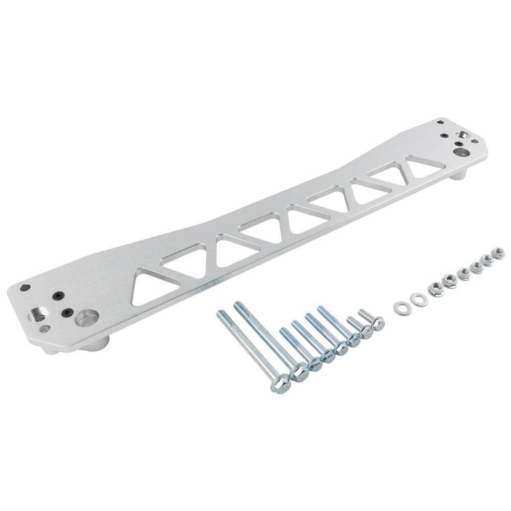 Rear subframe brace tie bar with triangular cutouts and included bolt hardware, silver
