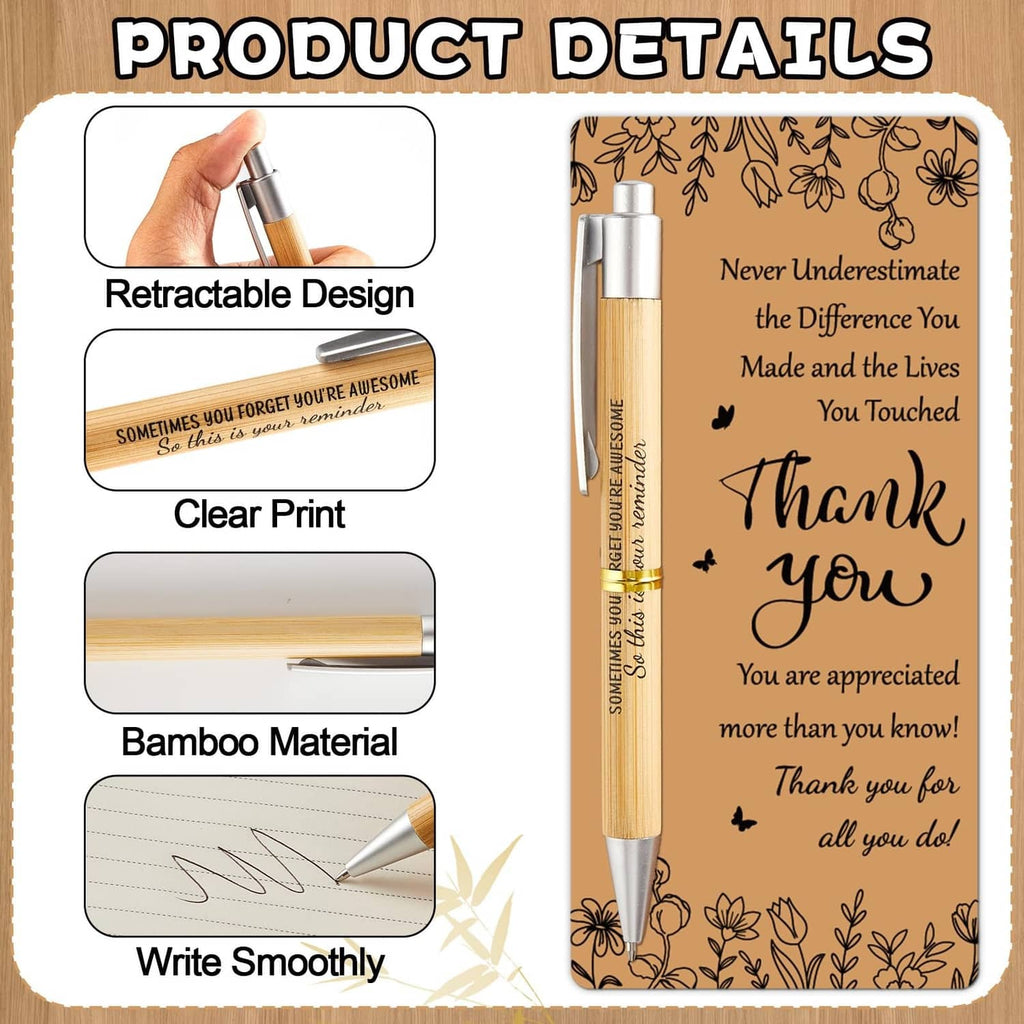 Retractable brown bamboo-style pen with “Thank You” print and smooth writing tip