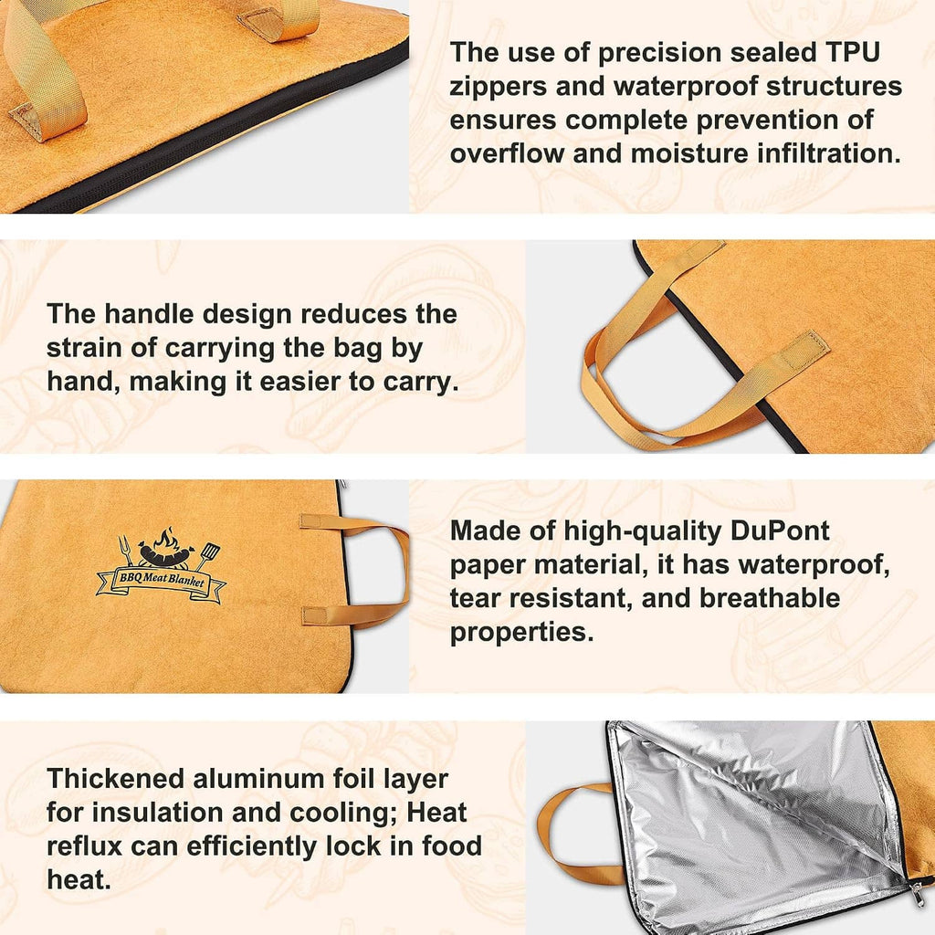 BBQ meat resting blanket showing TPU zipper, waterproof seams, and insulated aluminum foil layer